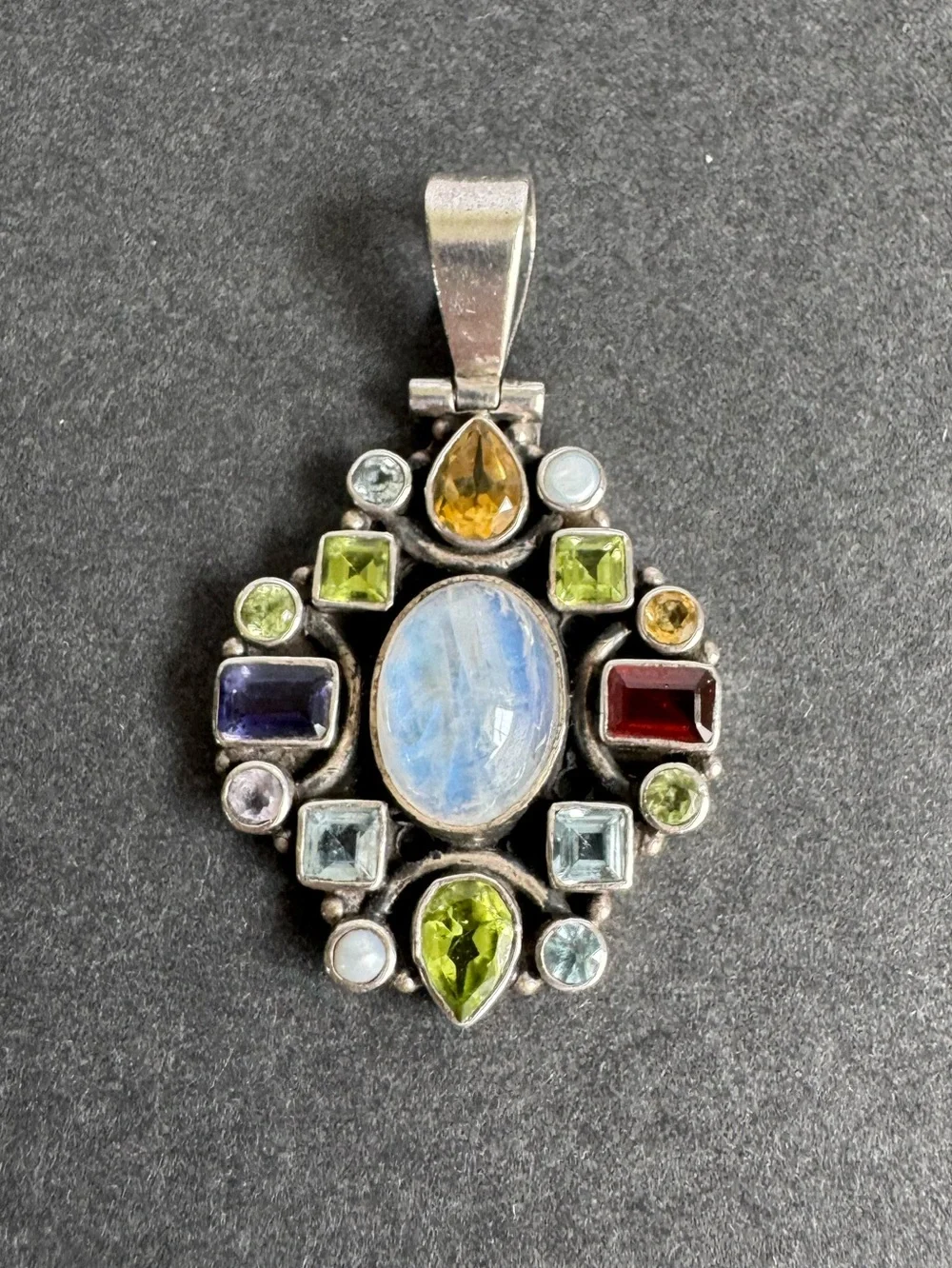 Rainbow Moonstone Stone Sterling‎ Silver Gemstone Peridot Necklace Vintage 925